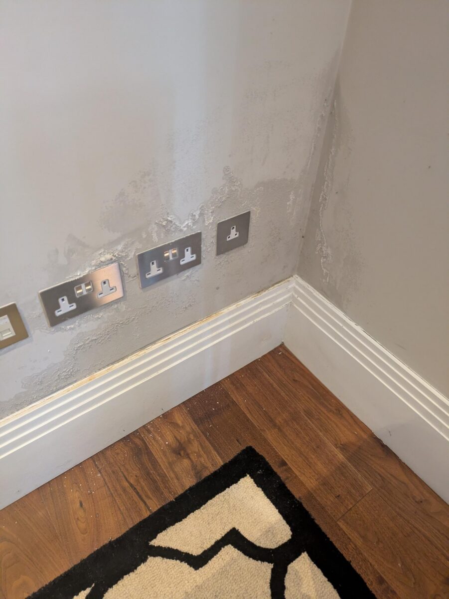 Visible moisture damage and salt deposits around electrical sockets on a lounge wall
